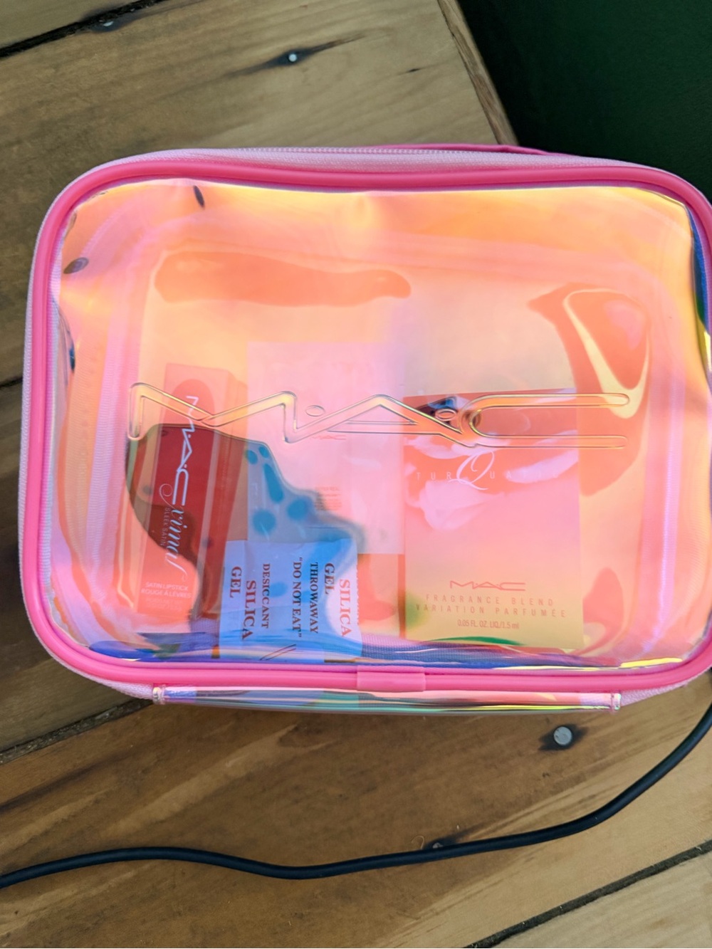 MAC Cosmetics Iridescent Pink Clear Cosmetic Organizer Pouch and lipstick